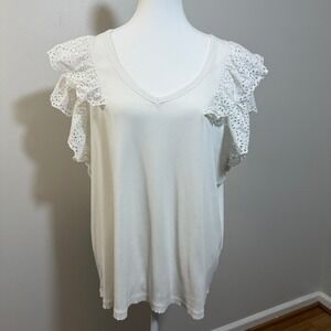 Chico's Eyelet Ruffle Sleeve Top Women XXL White Excellent Ribbed V-Neck READ